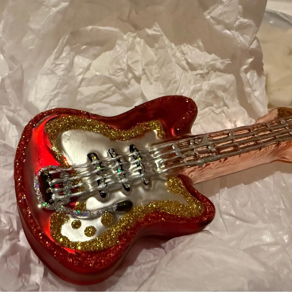 New Vintage West Elm Glitter and Glass Guitar Ornament, -6”,